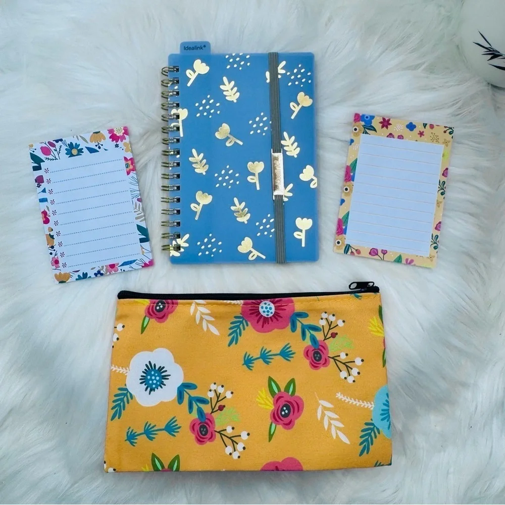 Floral Stationery Set with Blue Notebook and Yellow Pouch